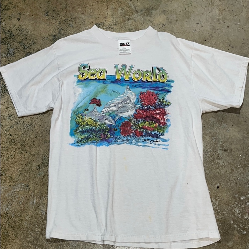 Vintage Sea World Print Graphic T-Shirt Tultex Size Large